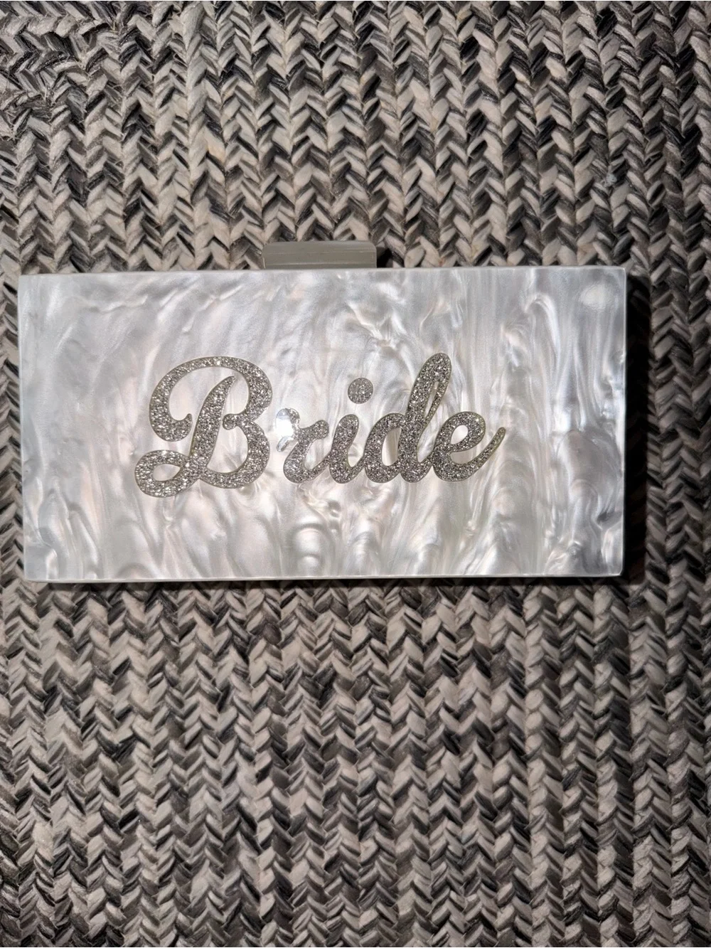 Pearl Acrylic “Bride” Box Clutch with Removable Chain Strap